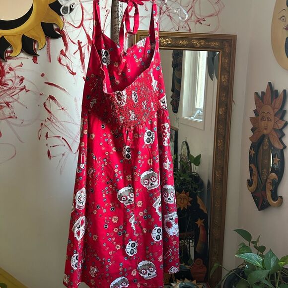 Vibrant Red Skull Pattern Mini Dress L - Picture 15 of 16